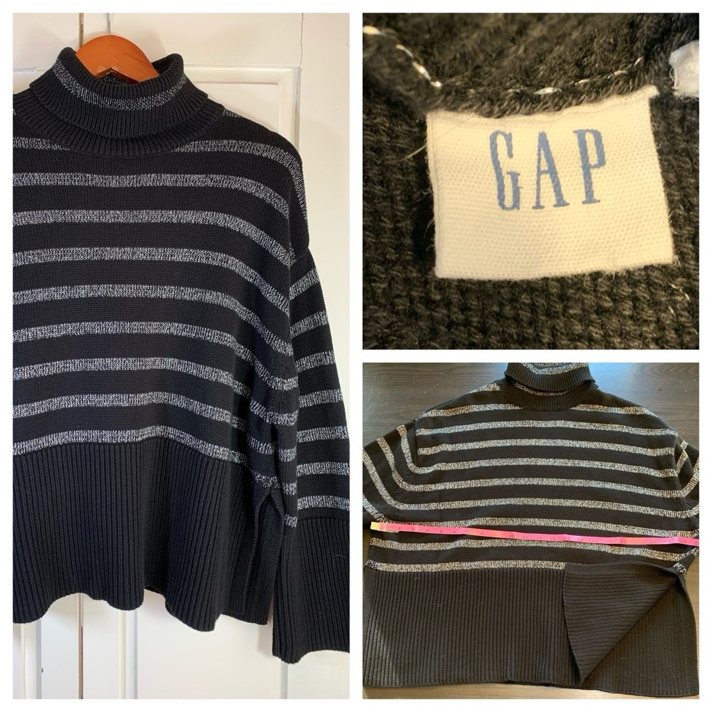 Gap Turtleneck Sweater Womens Small Split-Hem Striped Cotton Oversized Metallic